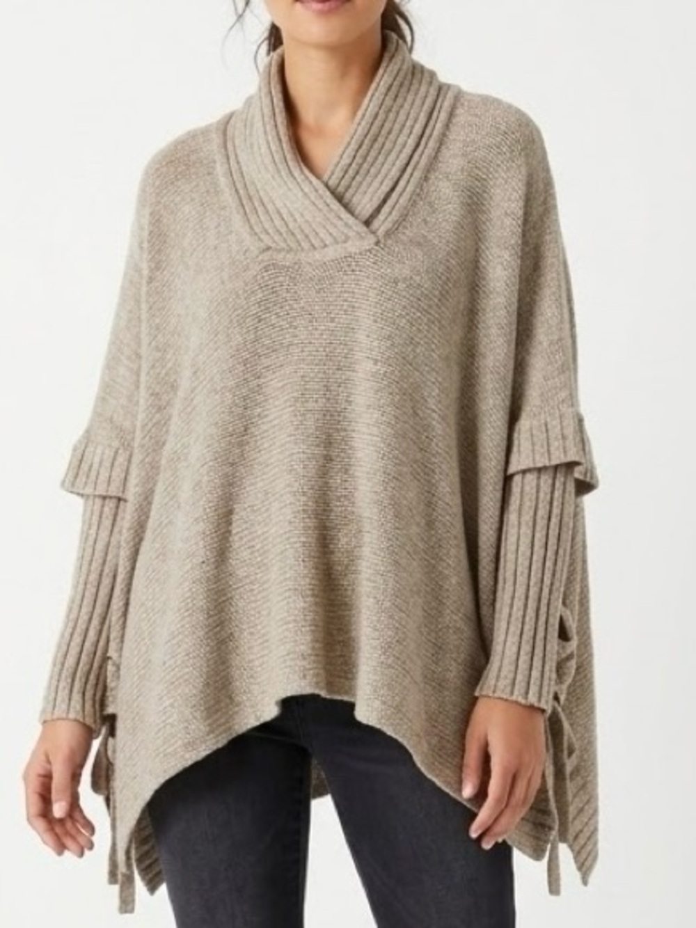 La Classe Couture Beige Cowl Neck Knit Poncho Sweater Medium